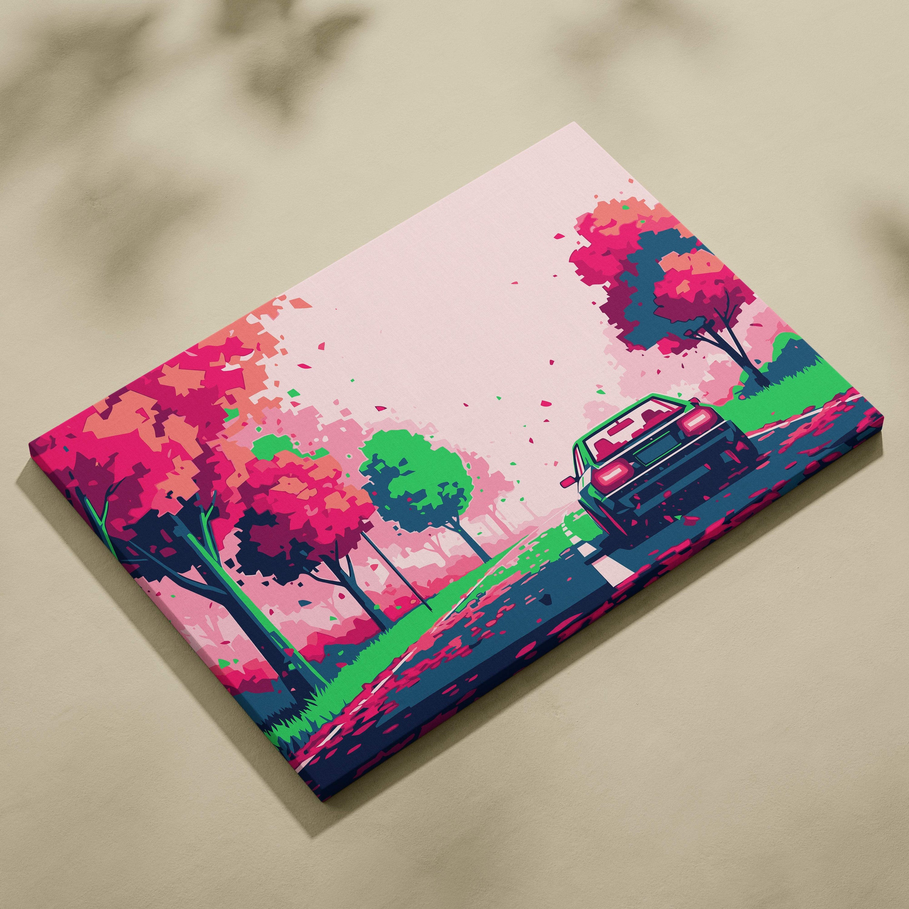 A vibrant canvas art print of a stylized retrowave sports car driving through pink and green pixelated forest trees