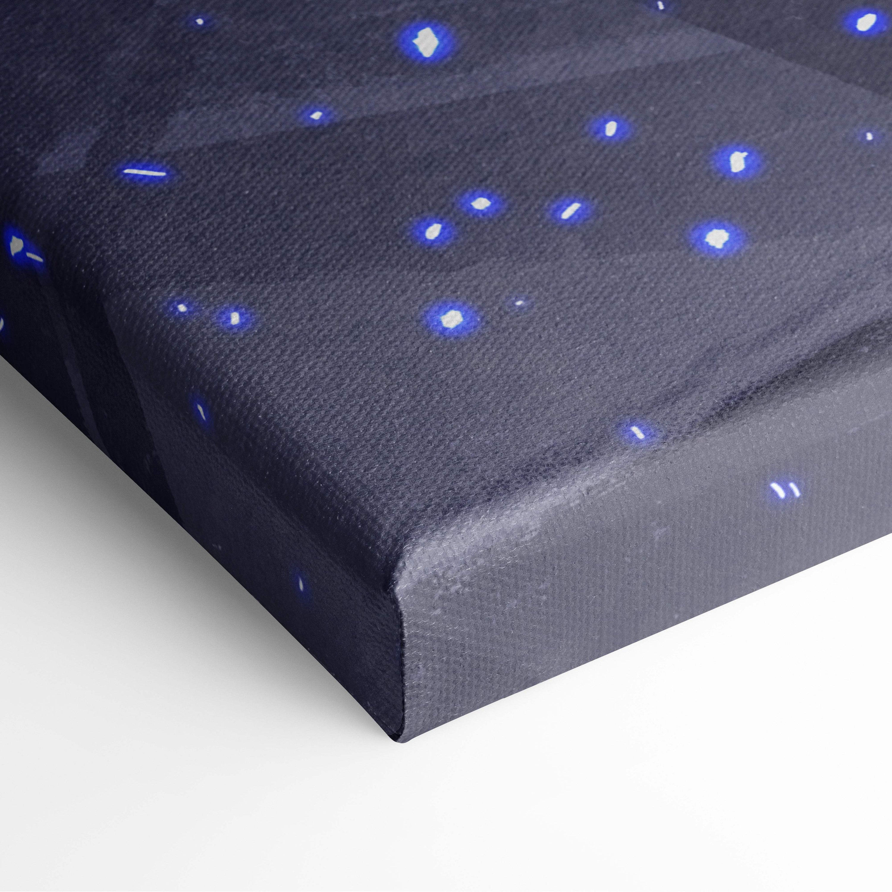 Dark blue canvas print featuring a starry night sky with glowing blue stars futuristic cyberpunk girl wall art