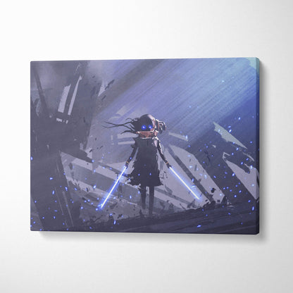 Futuristic cyberpunk girl canvas wall art featuring a blue neon lightsaber wielding anime character digital painting