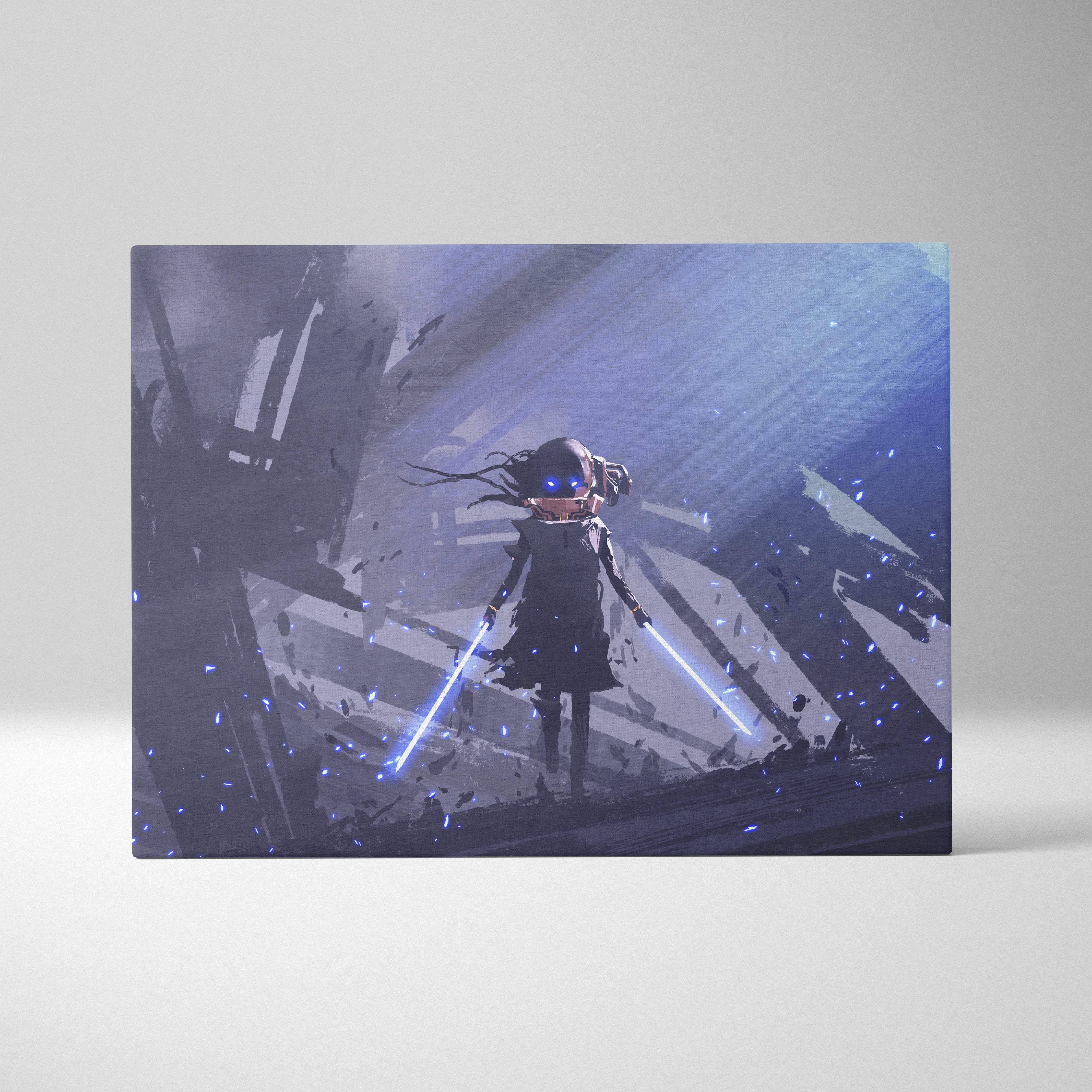 Futuristic cyberpunk girl canvas wall art featuring an anime character with glowing blue eyes and neon light blades
