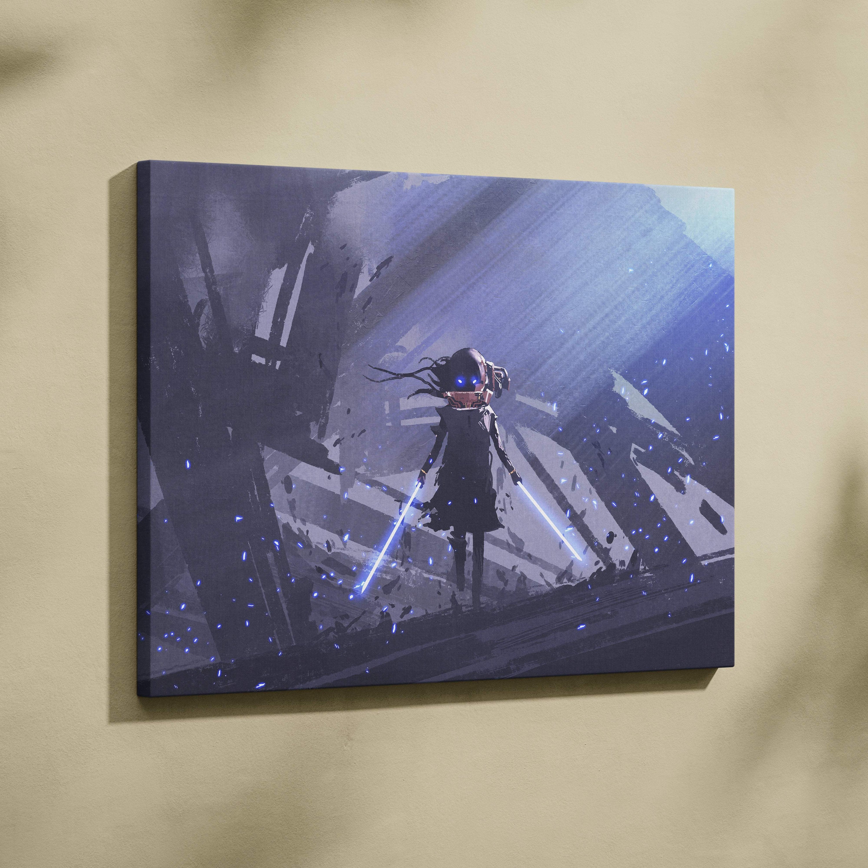 Futuristic cyberpunk girl canvas wall art featuring a dark sci-fi warrior with blue neon light blades in a minimalist ruin