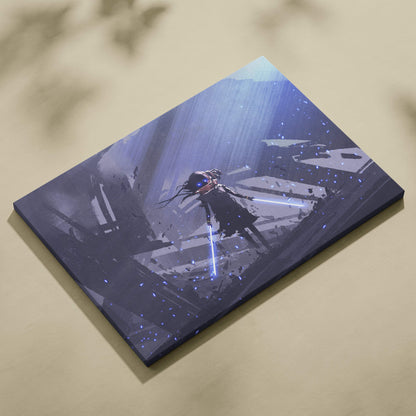 Rectangular canvas print featuring a dark sci-fi scene with glowing blue neon lightsabers and fragmented architecture