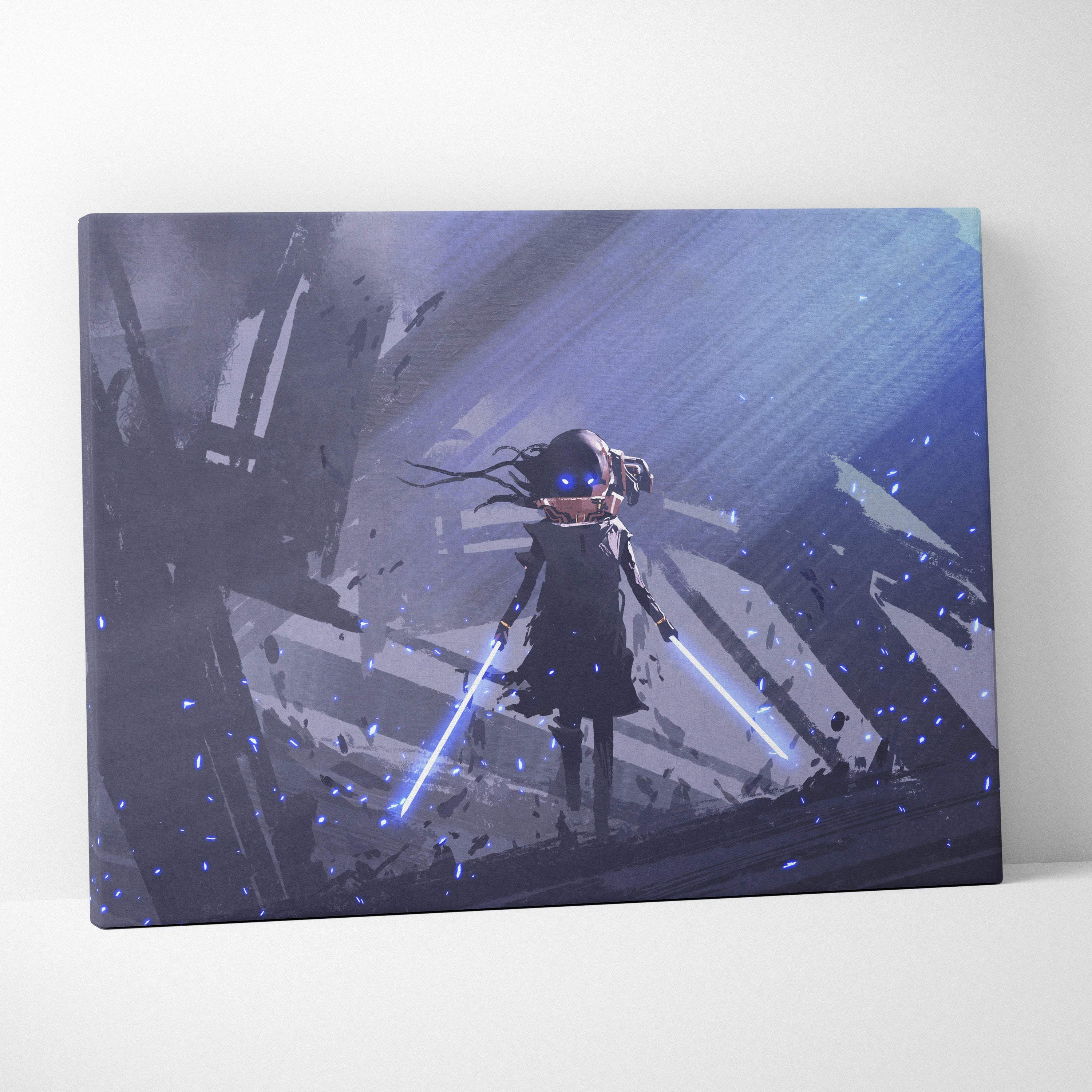 Futuristic cyberpunk girl canvas wall art with blue neon light blades and glowing eyes in a dark sci-fi setting