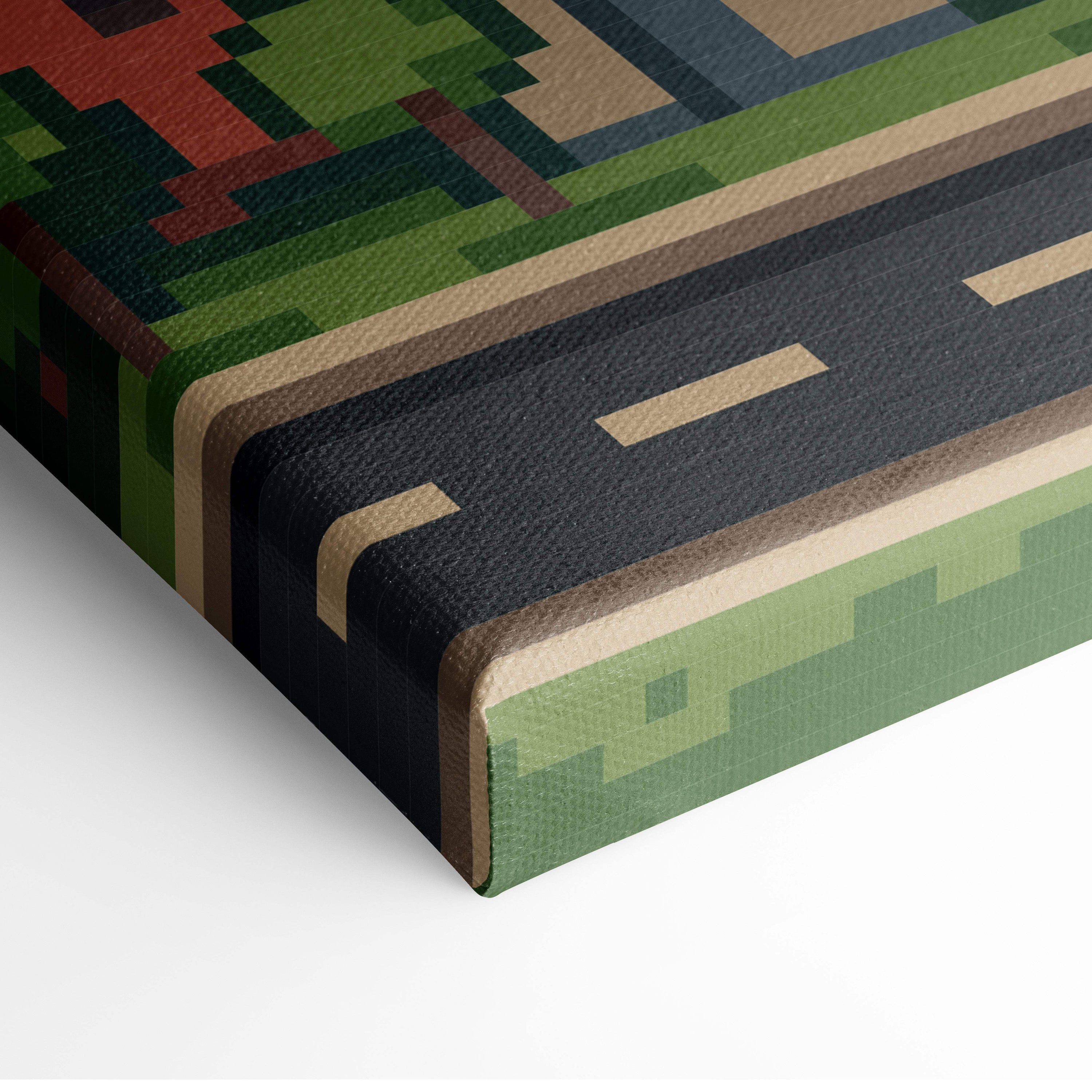 Pixelated canvas print of a minecraft-style black asphalt road with beige lane markings and green grassy terrain for urban decor