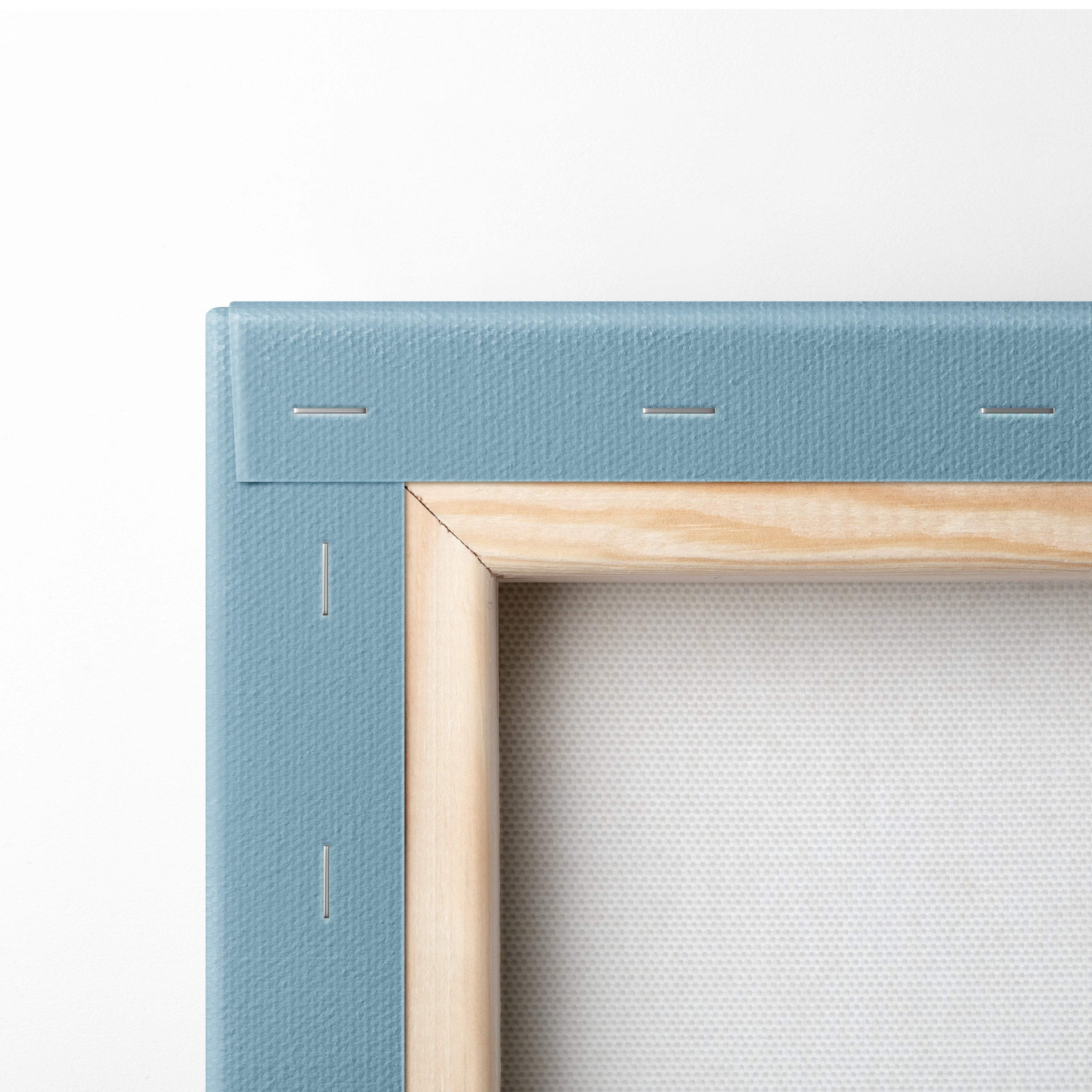 Light blue textured canvas frame with natural wood inner border for city skyline pixel art modern wall decor