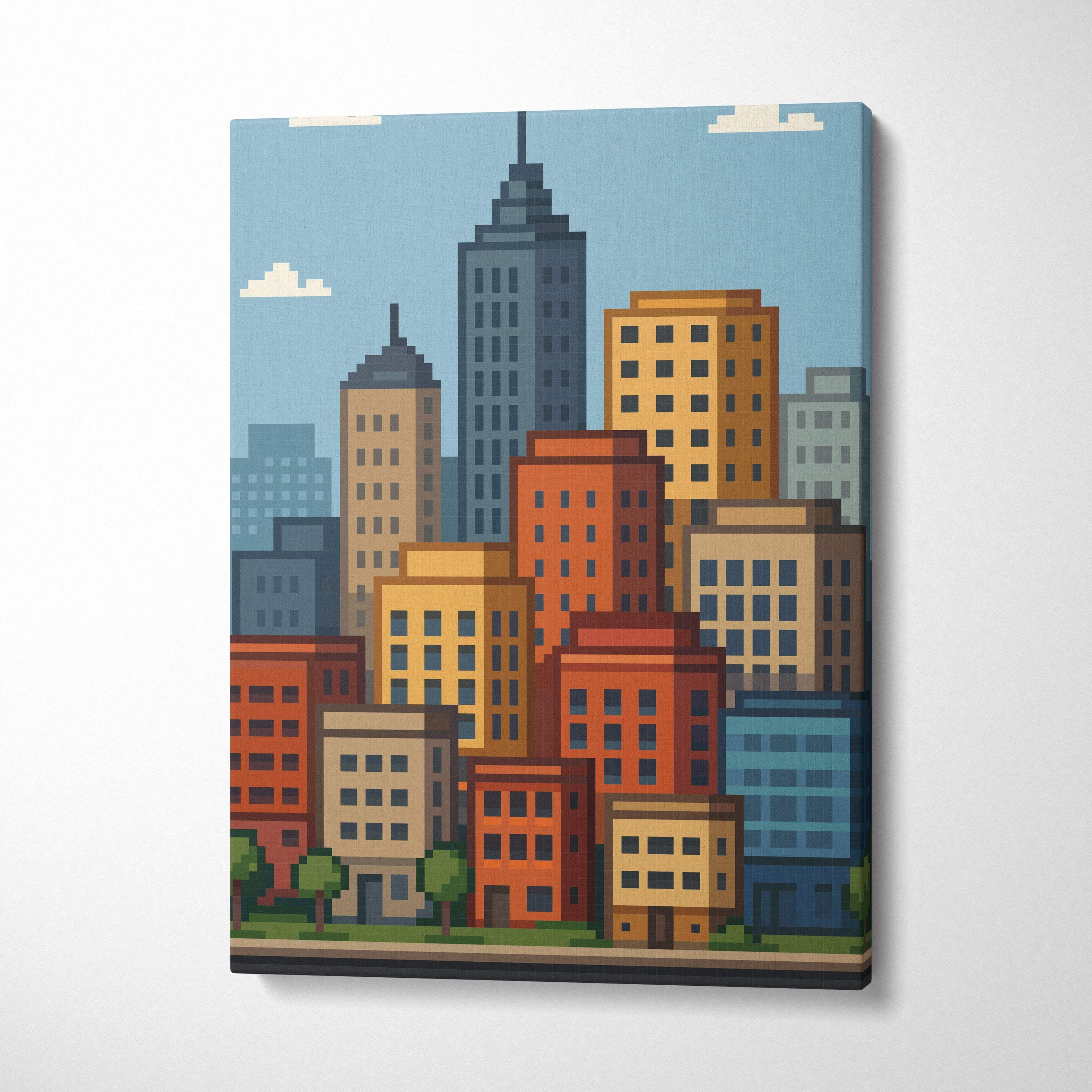 City skyline pixel art canvas print with colorful orange yellow blue and gray blocky buildings against light blue sky