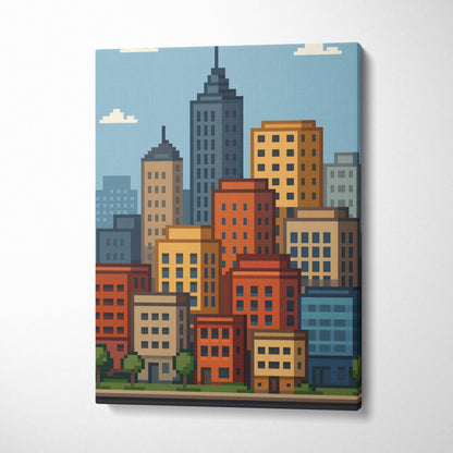 City skyline pixel art canvas print with colorful orange yellow blue and gray blocky buildings against light blue sky