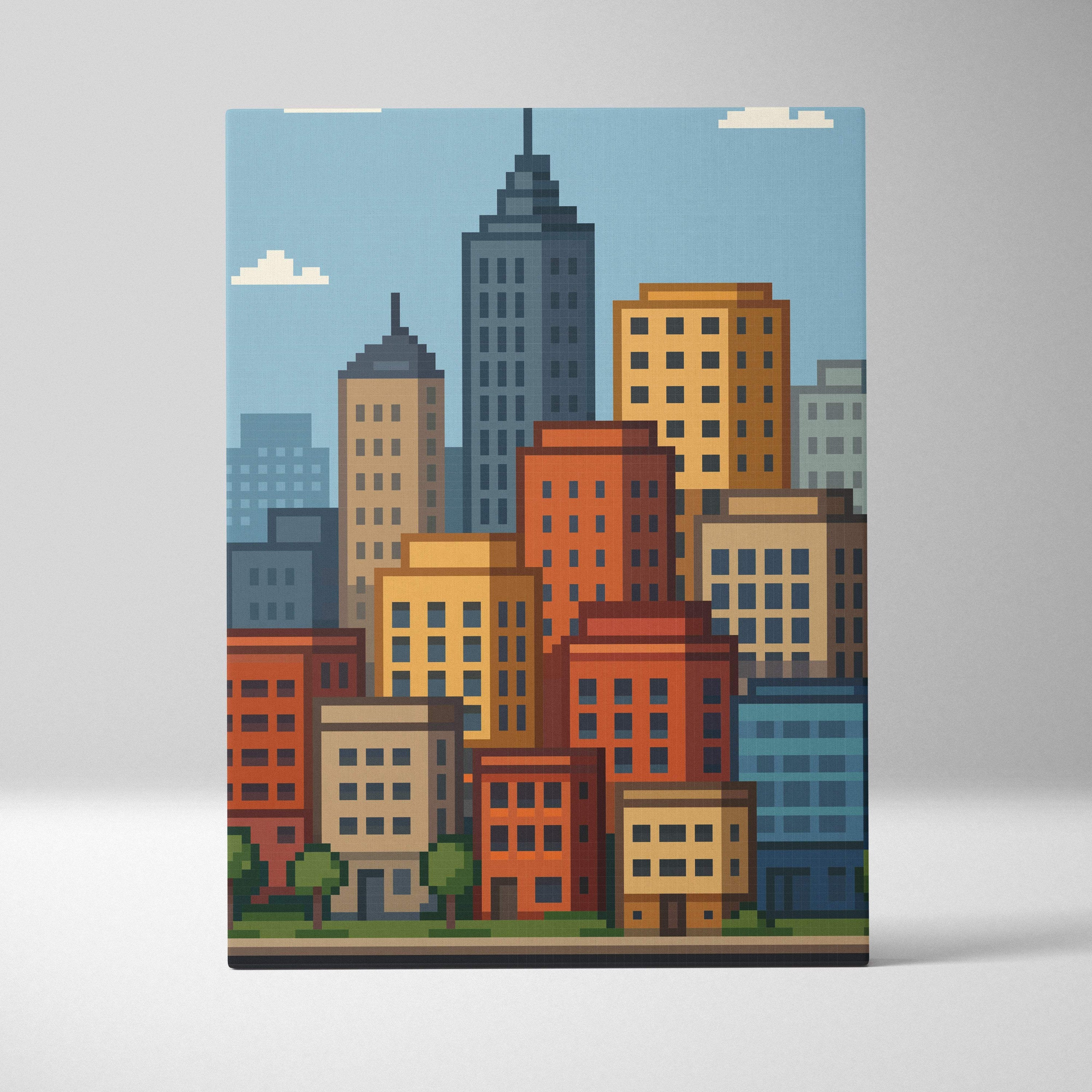 City skyline pixel art canvas print featuring colorful blocky buildings in orange red blue and gray under light blue sky