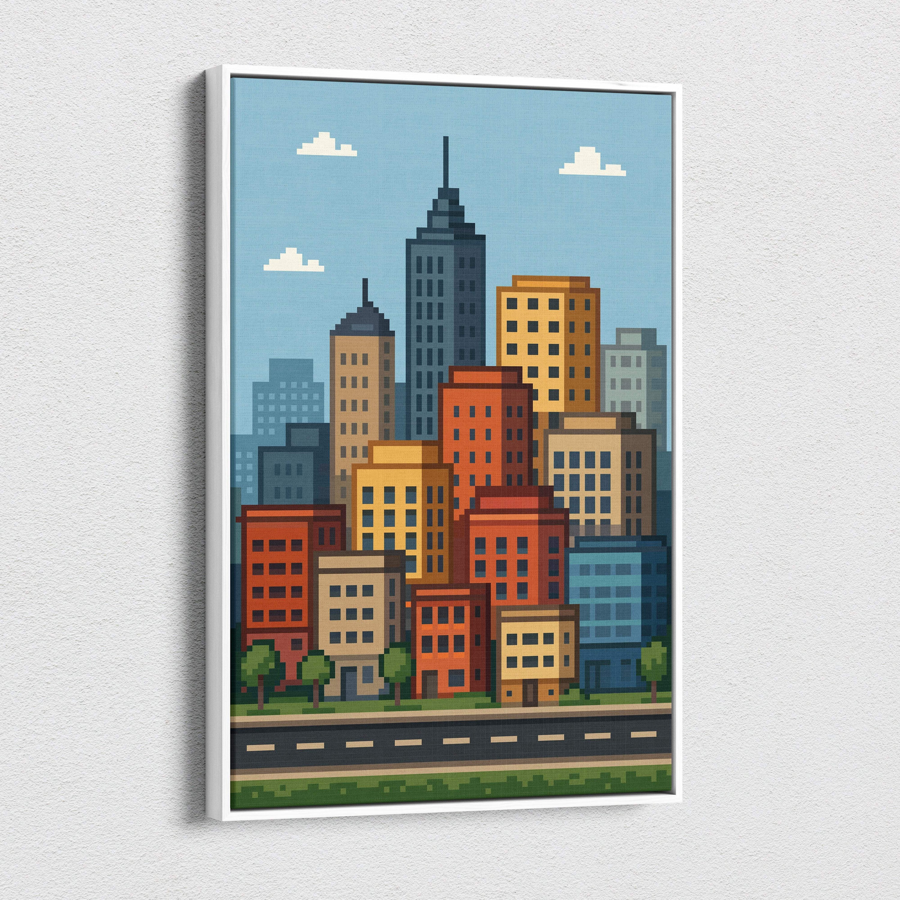 A framed pixel art canvas print of a colorful city skyline with orange yellow and blue buildings against a light blue sky