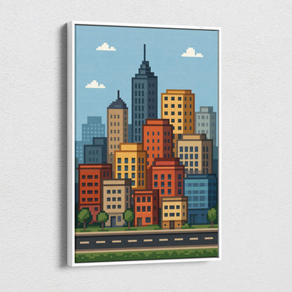 A framed pixel art canvas print of a colorful city skyline with orange yellow and blue buildings against a light blue sky