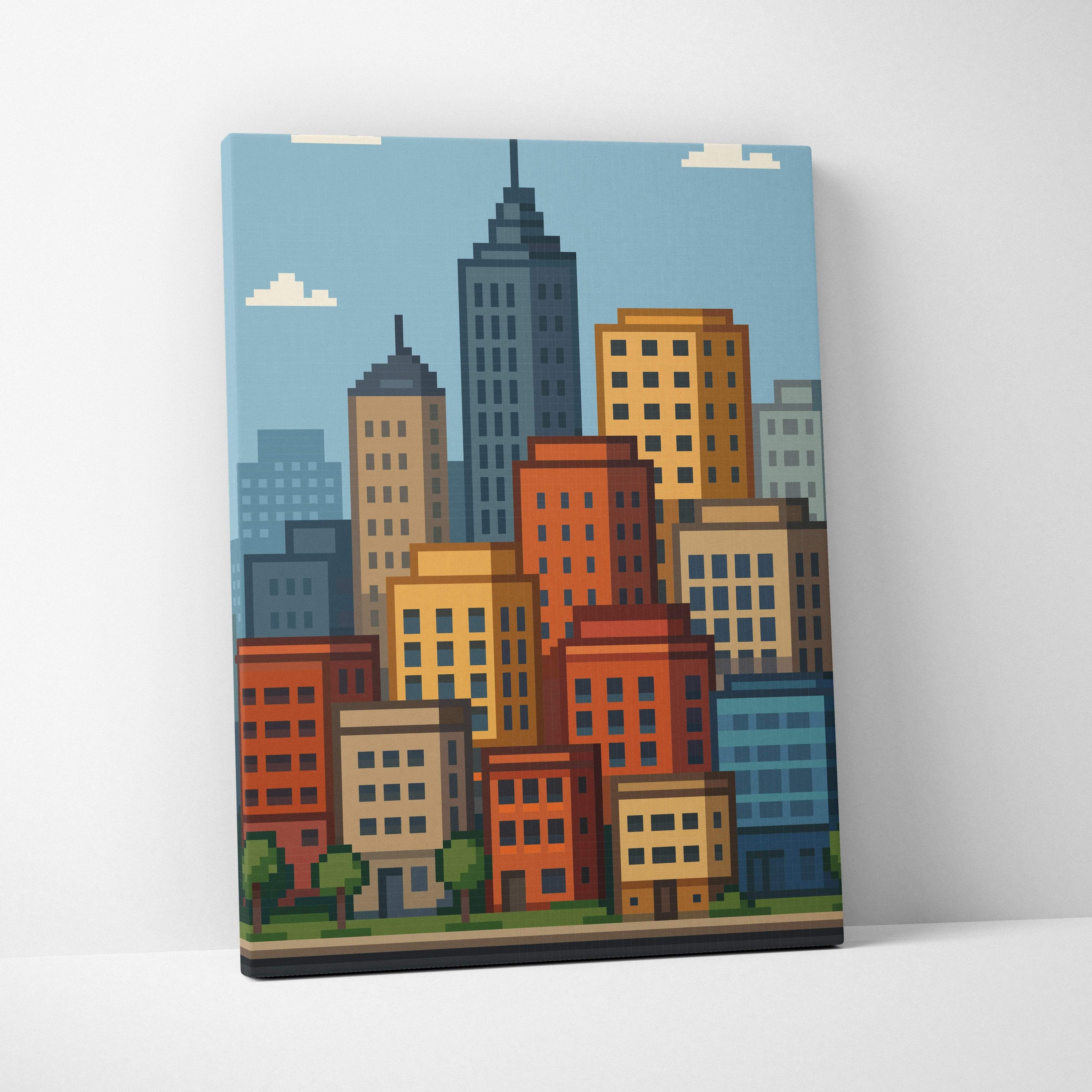 City skyline pixel art canvas print featuring colorful orange blue and gray blocky buildings under a light blue sky