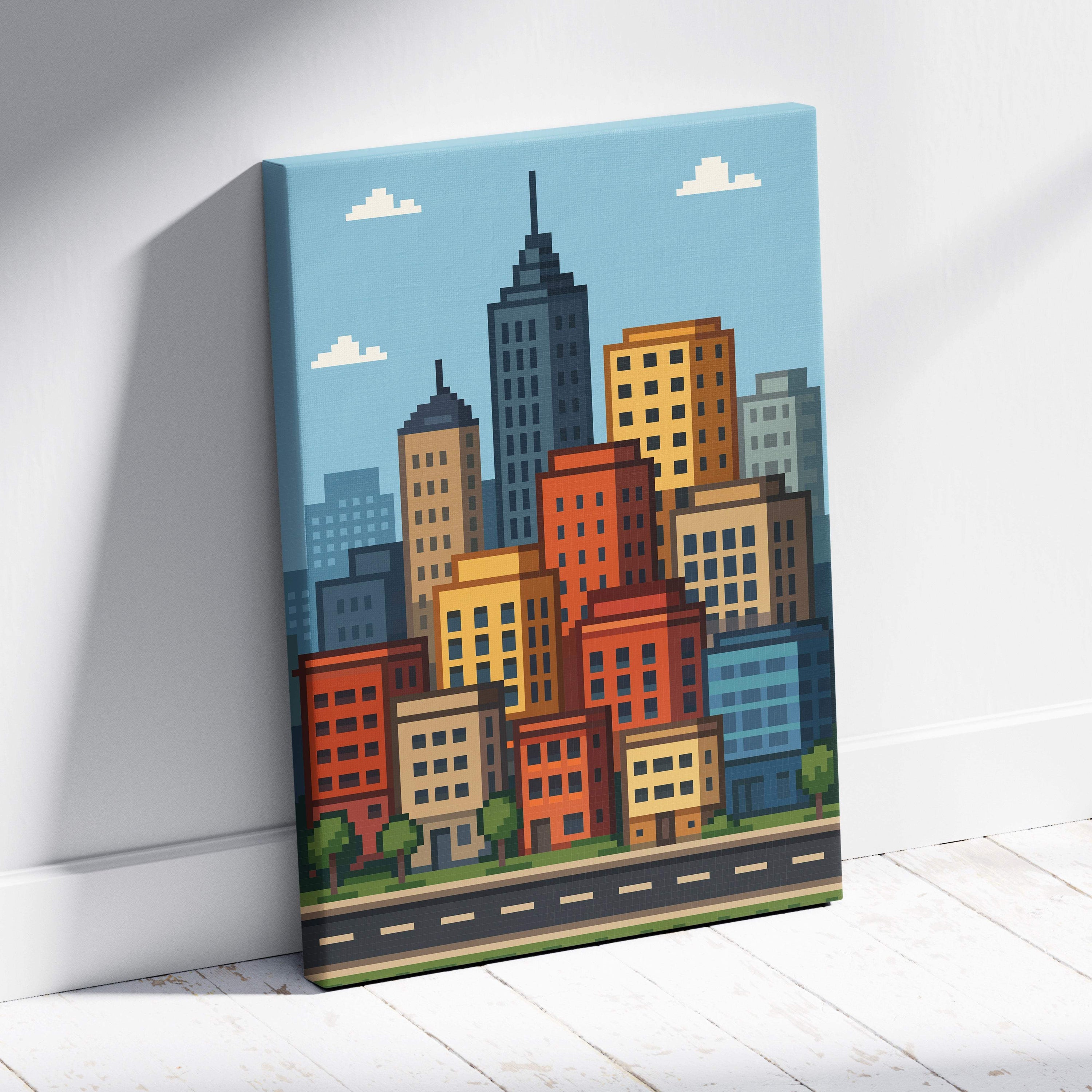 City skyline pixel art canvas print featuring vibrant orange red yellow and blue buildings against a light blue sky