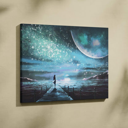 A canvas print of a solitary figure on a wooden pier under a teal starry sky with a large moon in a dreamy seascape