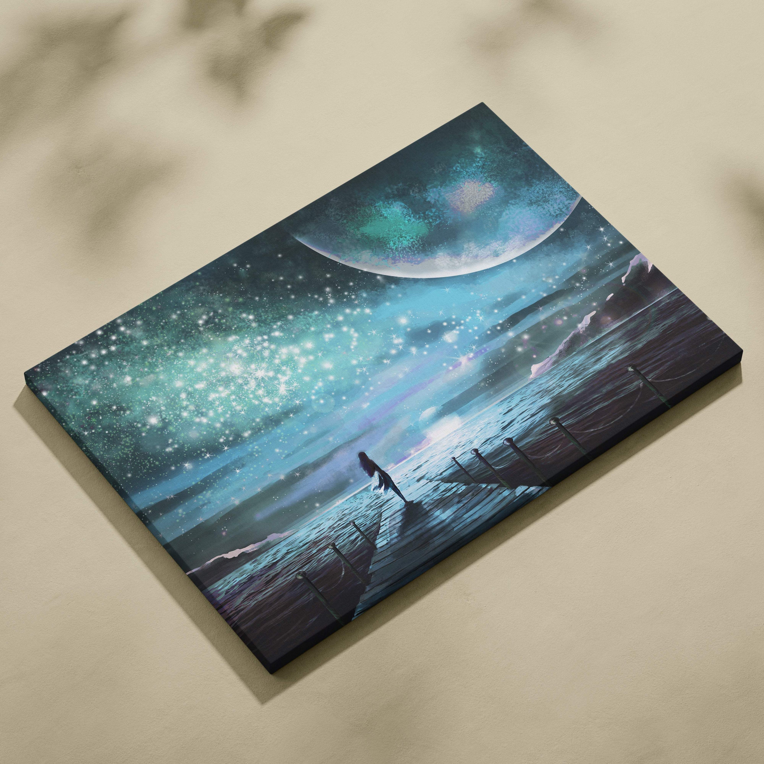 Rectangular canvas print of a dreamy night sky seascape with a teal and silver moon and a pier under starry galaxy lights