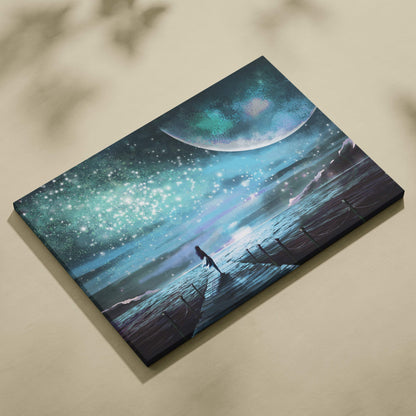 Rectangular canvas print of a dreamy night sky seascape with a teal and silver moon and a pier under starry galaxy lights
