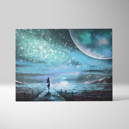 Dreamy night sky seascape canvas print featuring a surreal teal moon and starry galaxy over a wooden pier at night