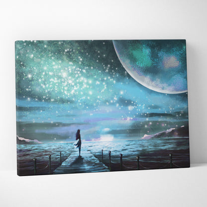 Dreamy night sky seascape canvas print featuring a teal and blue moon with a lone figure on a wooden pier