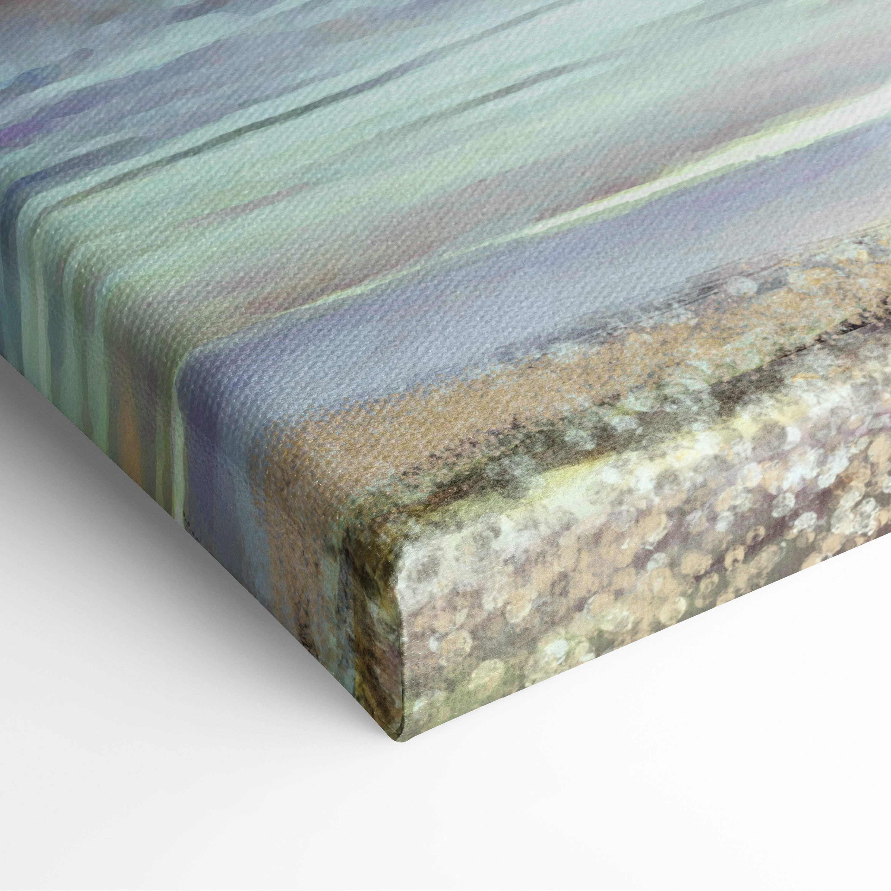 Textured canvas print wall art with horizontal stripes in muted teal soft blue and earthy beige inspired by romantic sunset couple painting style