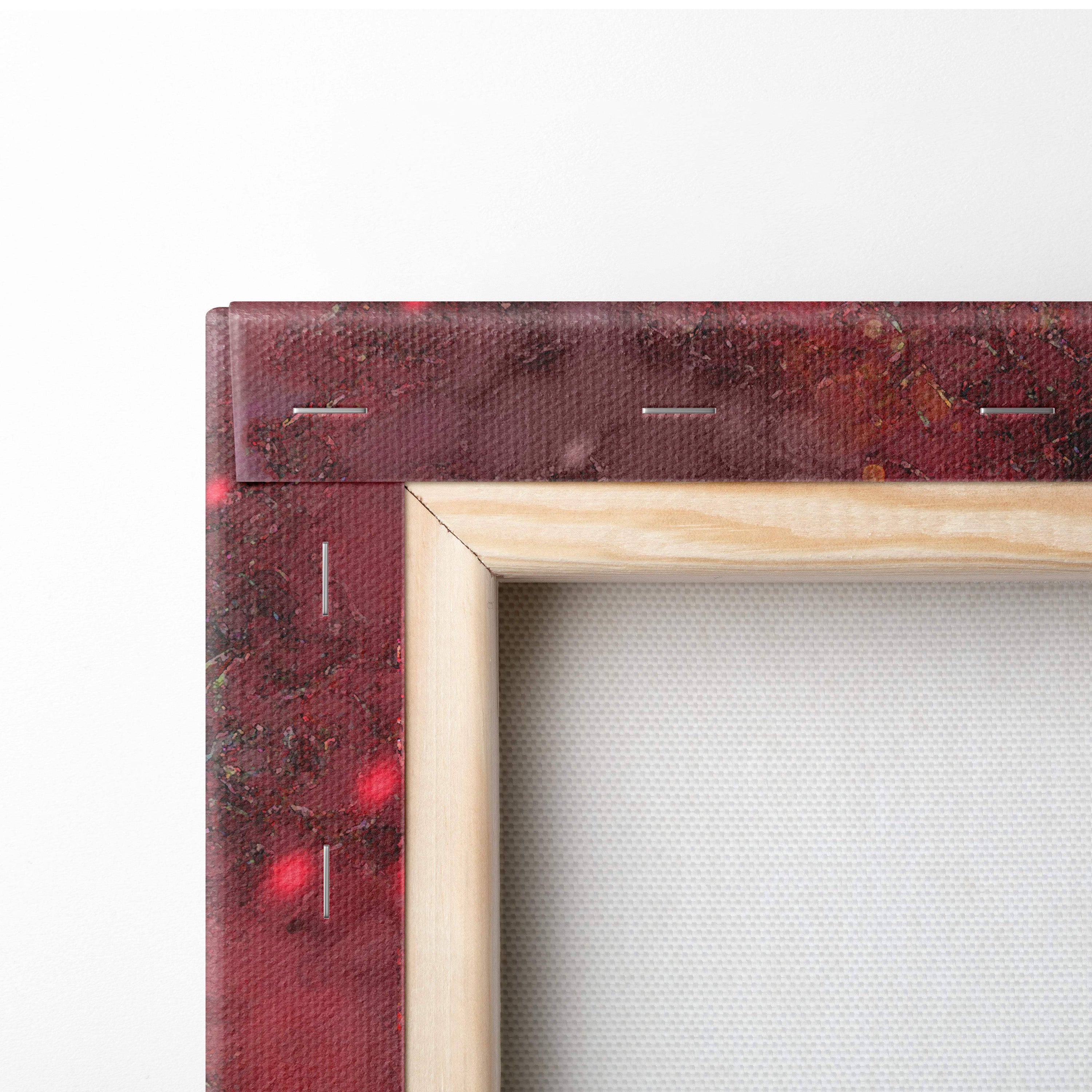 A rustic wooden frame with a deep red textured canvas border and stitched details for romantic sunset couple wall art
