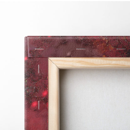 A rustic wooden frame with a deep red textured canvas border and stitched details for romantic sunset couple wall art