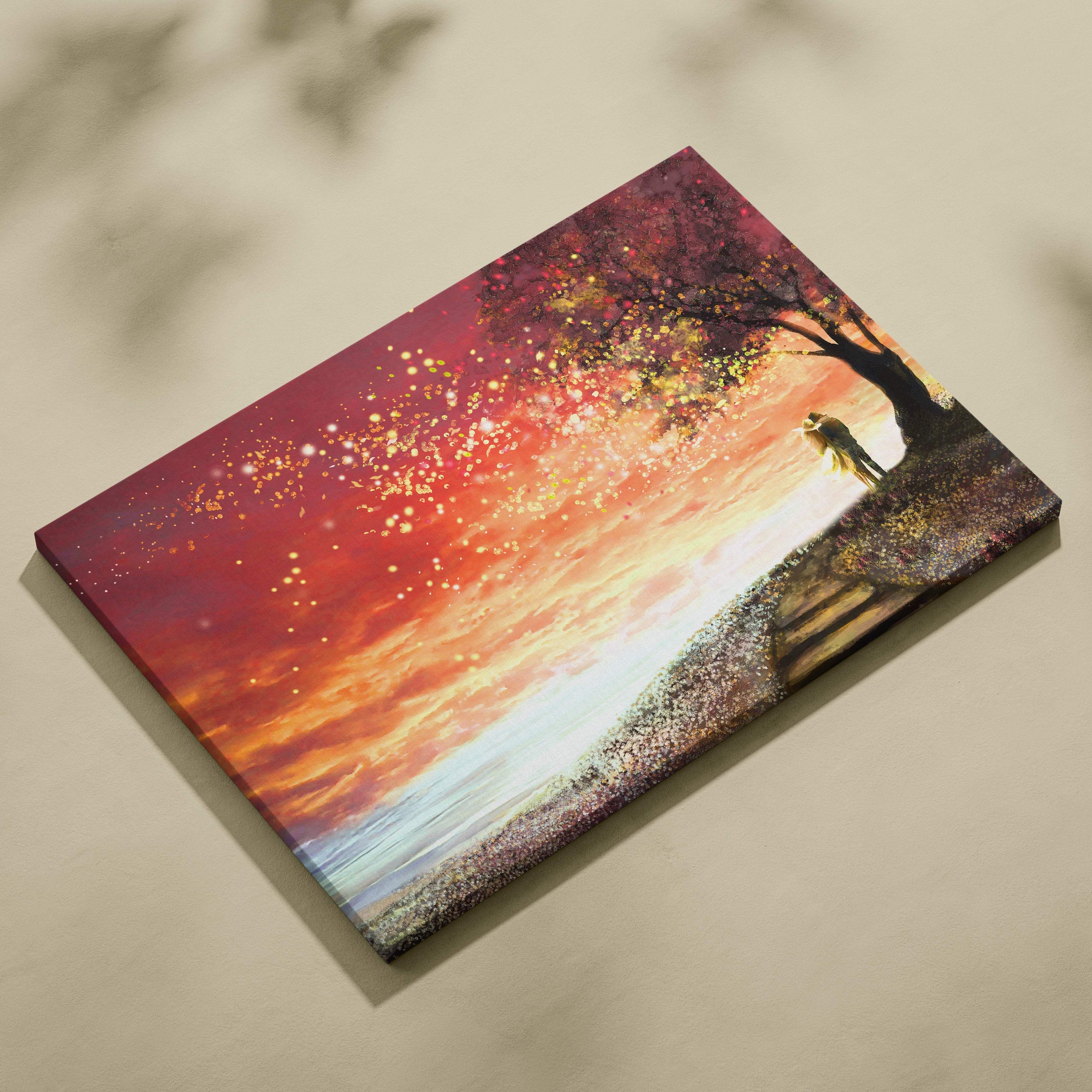 Rectangular canvas print featuring a vibrant romantic sunset with glowing sky, blossoming tree, and golden light over calm water