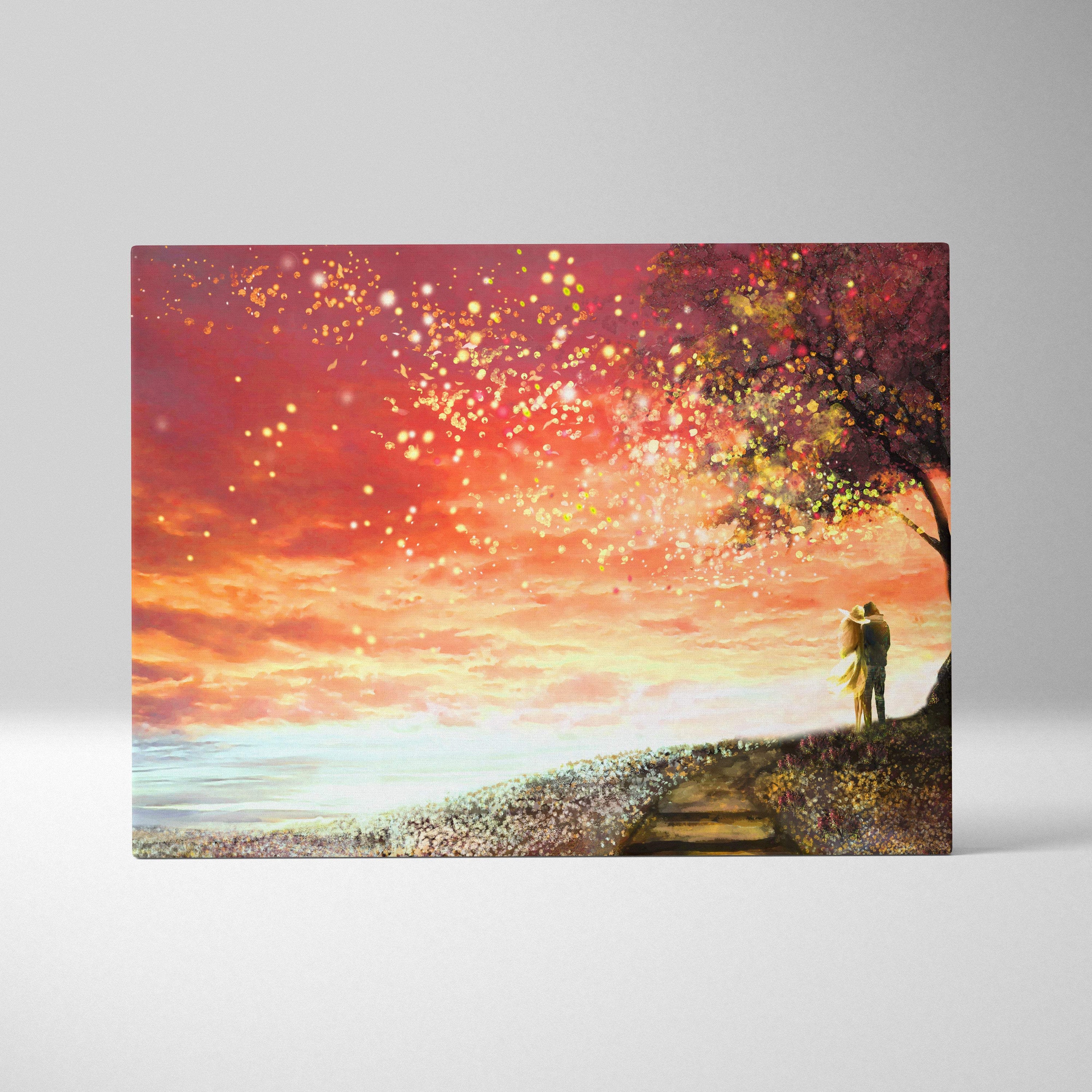 Romantic sunset couple painting style canvas print with glowing sky orange pink hues blossoming tree and golden light