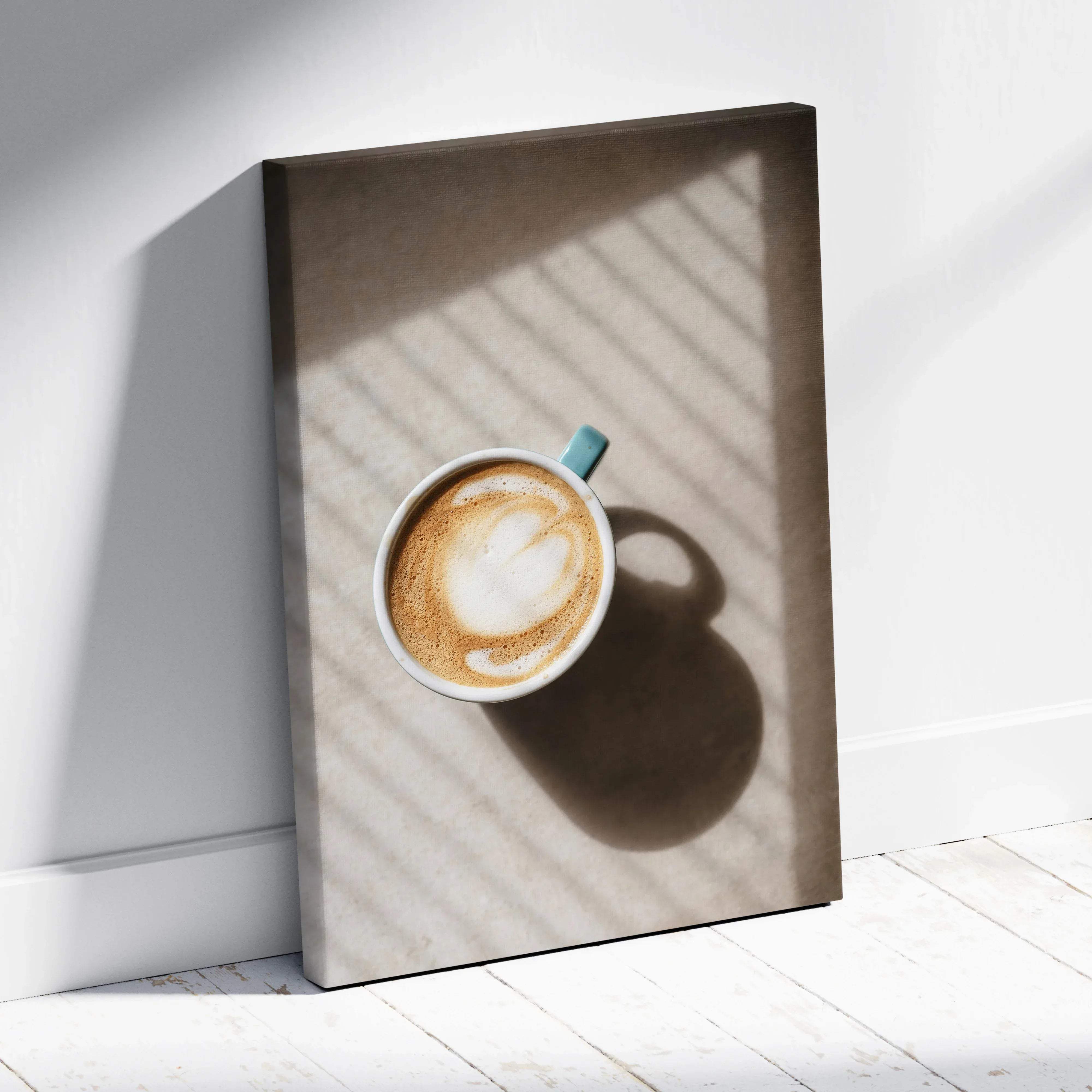 A white ceramic coffee mug with a light blue handle filled with heart latte art in cozy minimalist warm neutral tones wall art