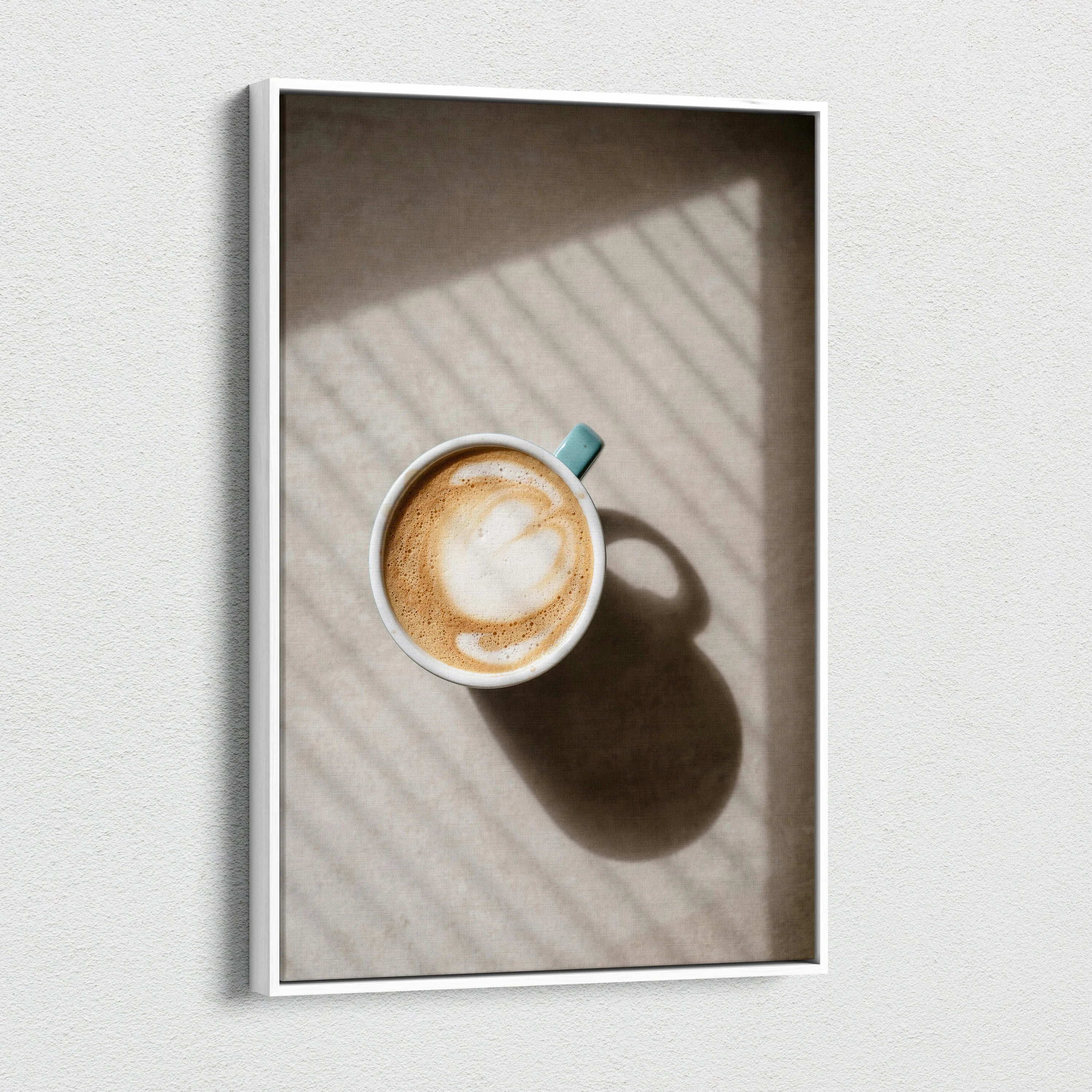 Vertical coffee cup canvas wall art with shadow lines and warm tones on textured background.