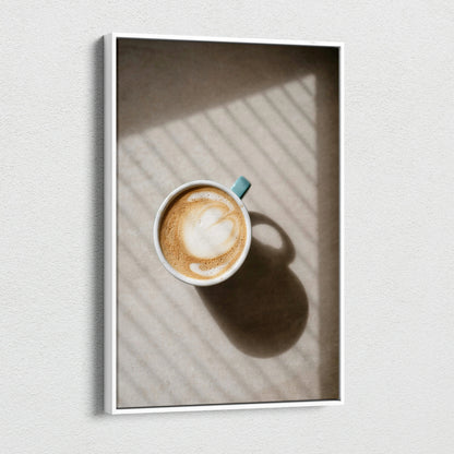 Vertical coffee cup canvas wall art with shadow lines and warm tones on textured background.