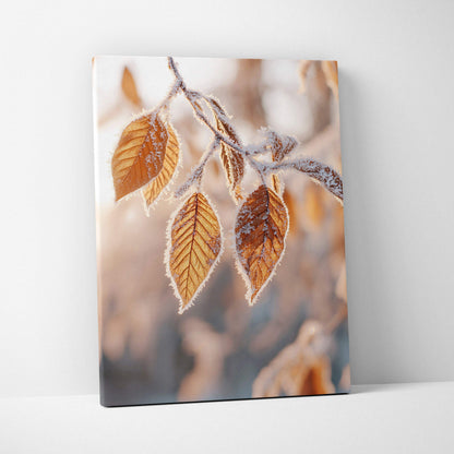 Autumn leaves with frost detail on canvas wall art print in warm brown and beige tones.