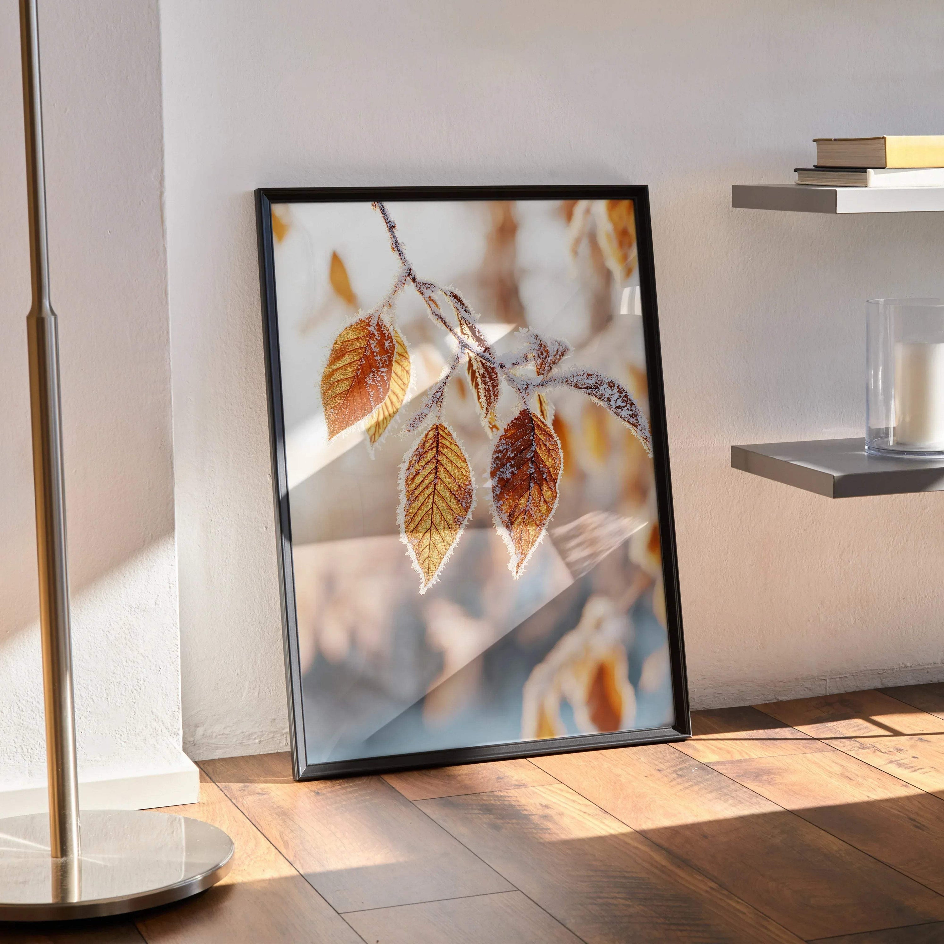 Vertical autumn leaf digital art poster with warm orange and brown tones, modern wall art print.