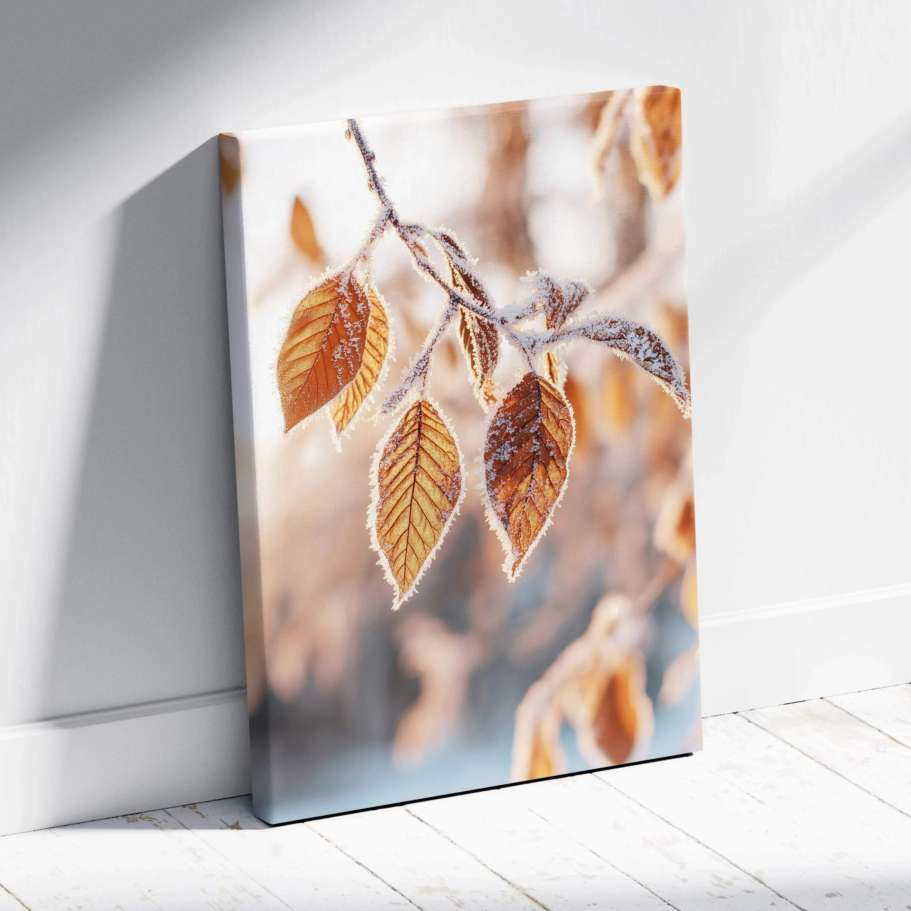 Canvas wall art featuring vibrant autumn leaves with soft-focus nature background in warm tones.