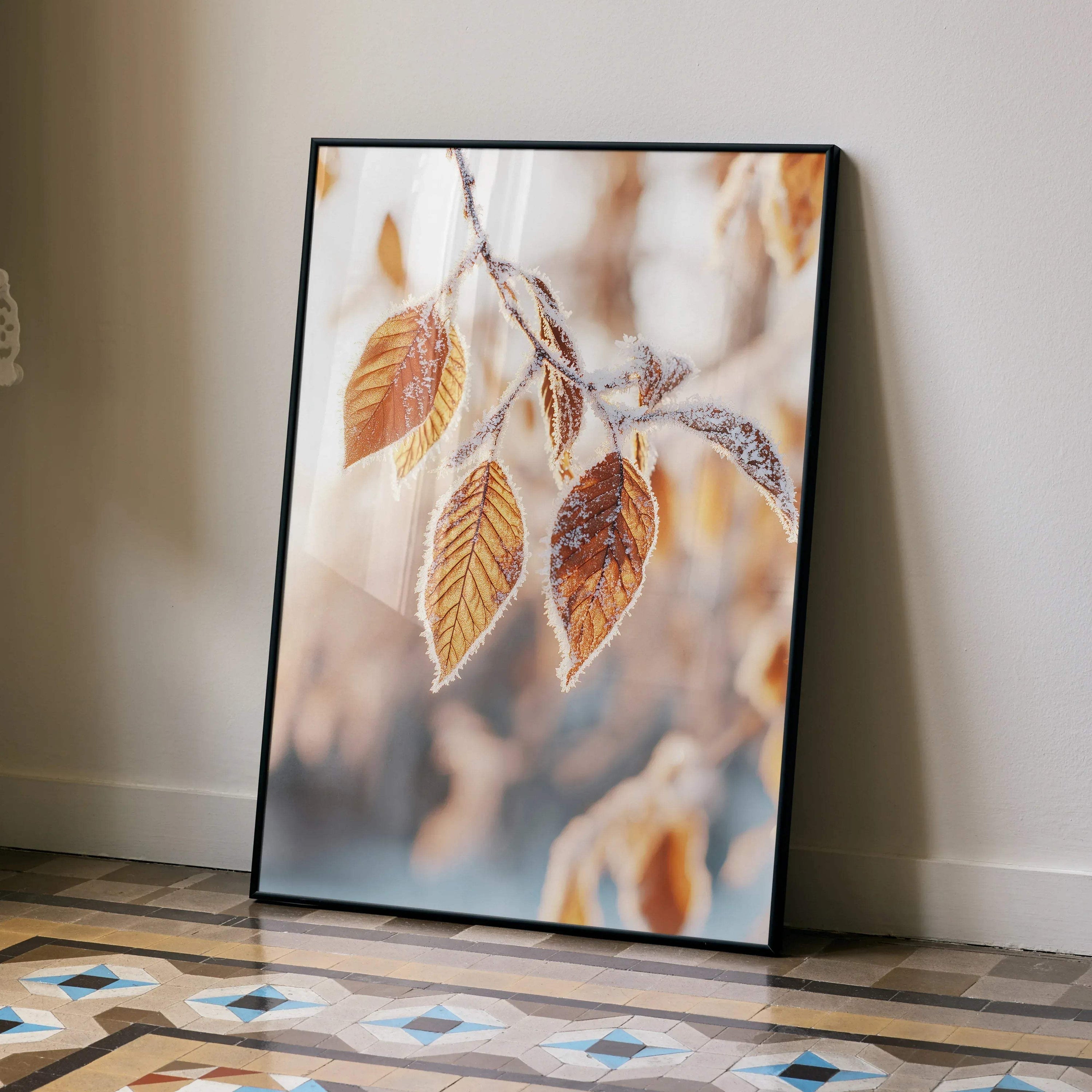 Vertical poster of vibrant autumn leaves with detailed digital art, framed wall art print.