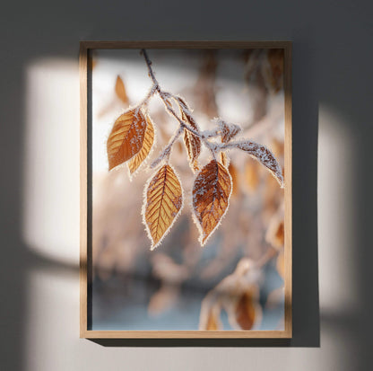 Vertical poster featuring detailed autumn leaves with frost, warm brown tones, digital art wall decor.