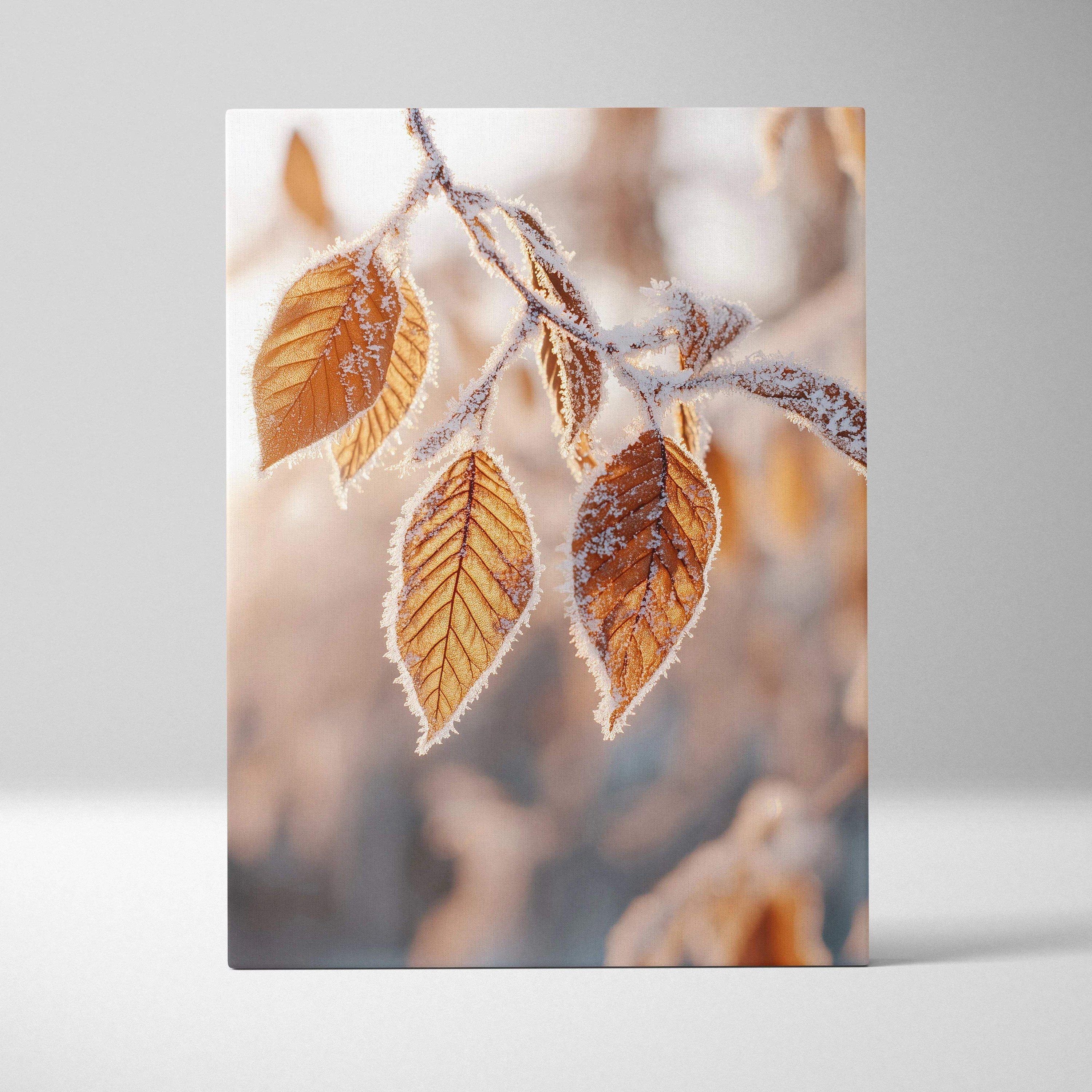Autumn foliage close-up with frost on leaves on vertical canvas wall art print.
