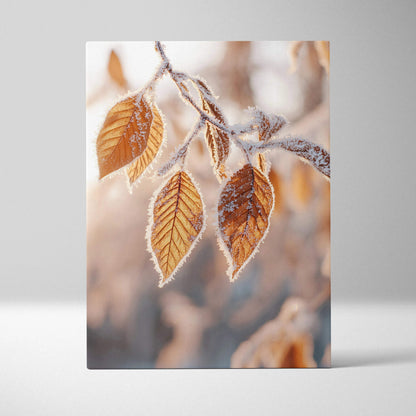Autumn foliage close-up with frost on leaves on vertical canvas wall art print.