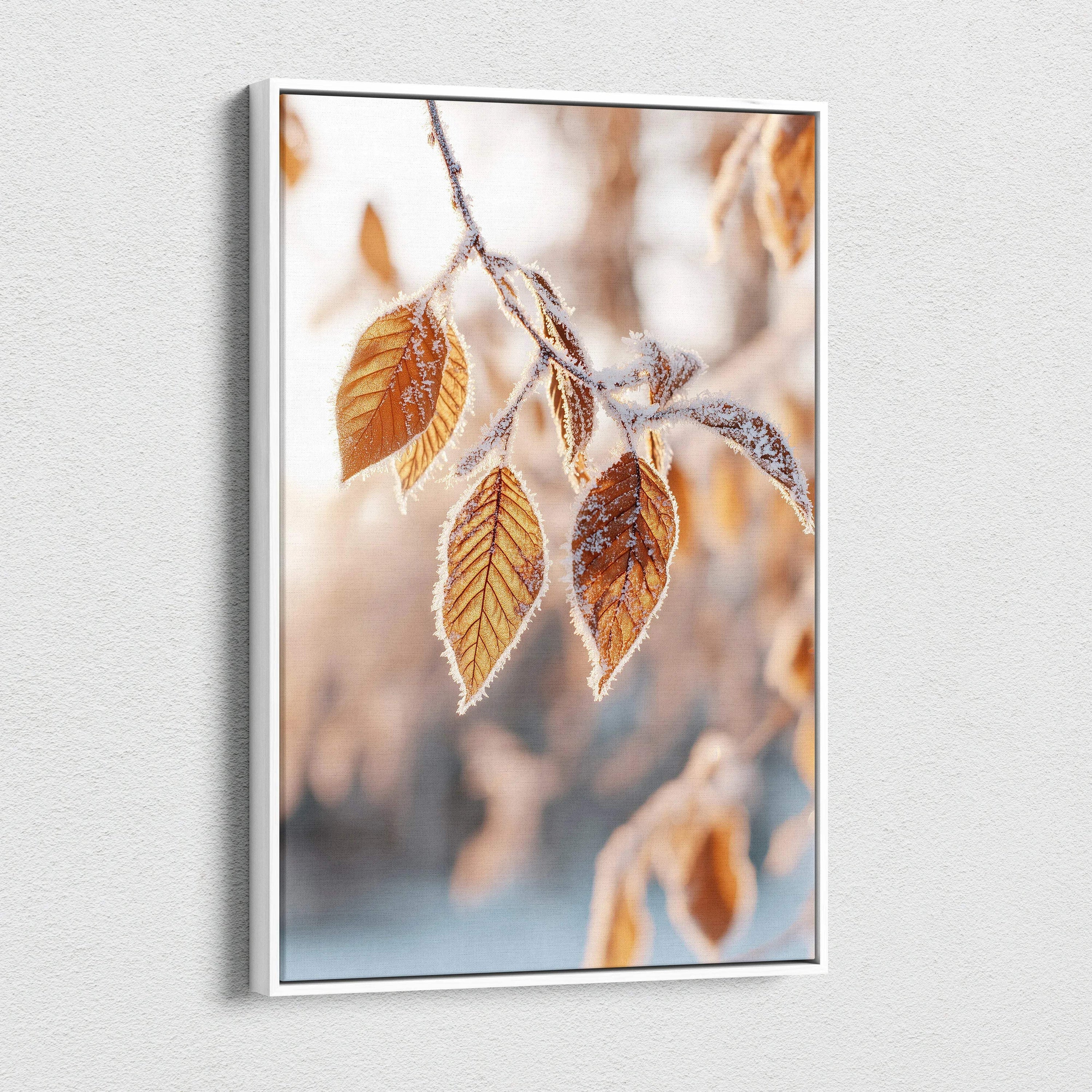 Vertical autumn foliage canvas wall art with detailed orange leaves and soft blurred background.