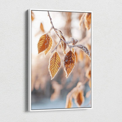 Vertical autumn foliage canvas wall art with detailed orange leaves and soft blurred background.