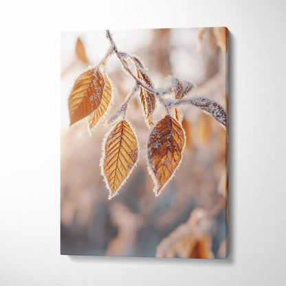 Vertical canvas wall art featuring detailed autumn leaves with frosty edges in warm brown tones.