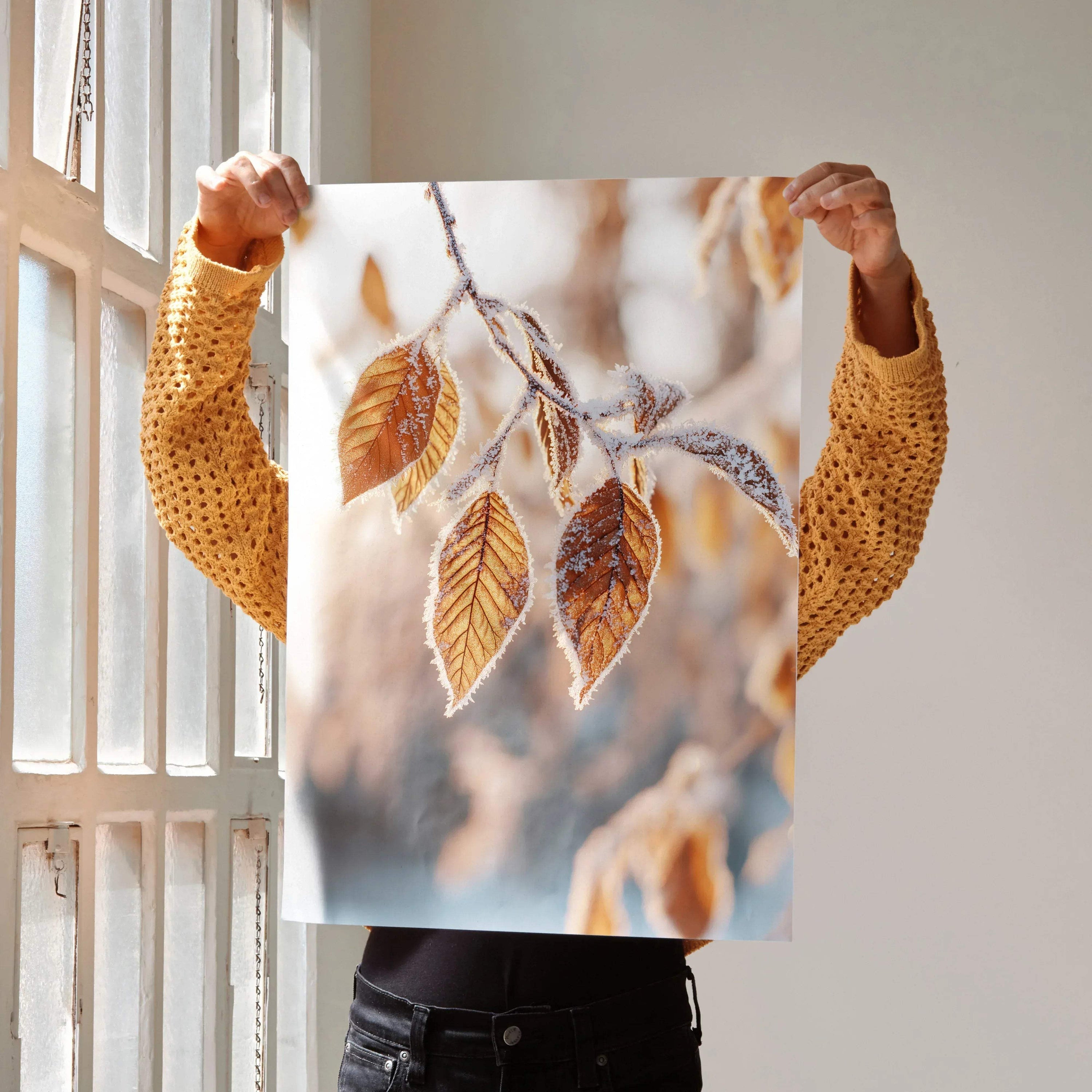 Vertical poster featuring vibrant autumn leaves on delicate branches, warm nature-themed wall art.