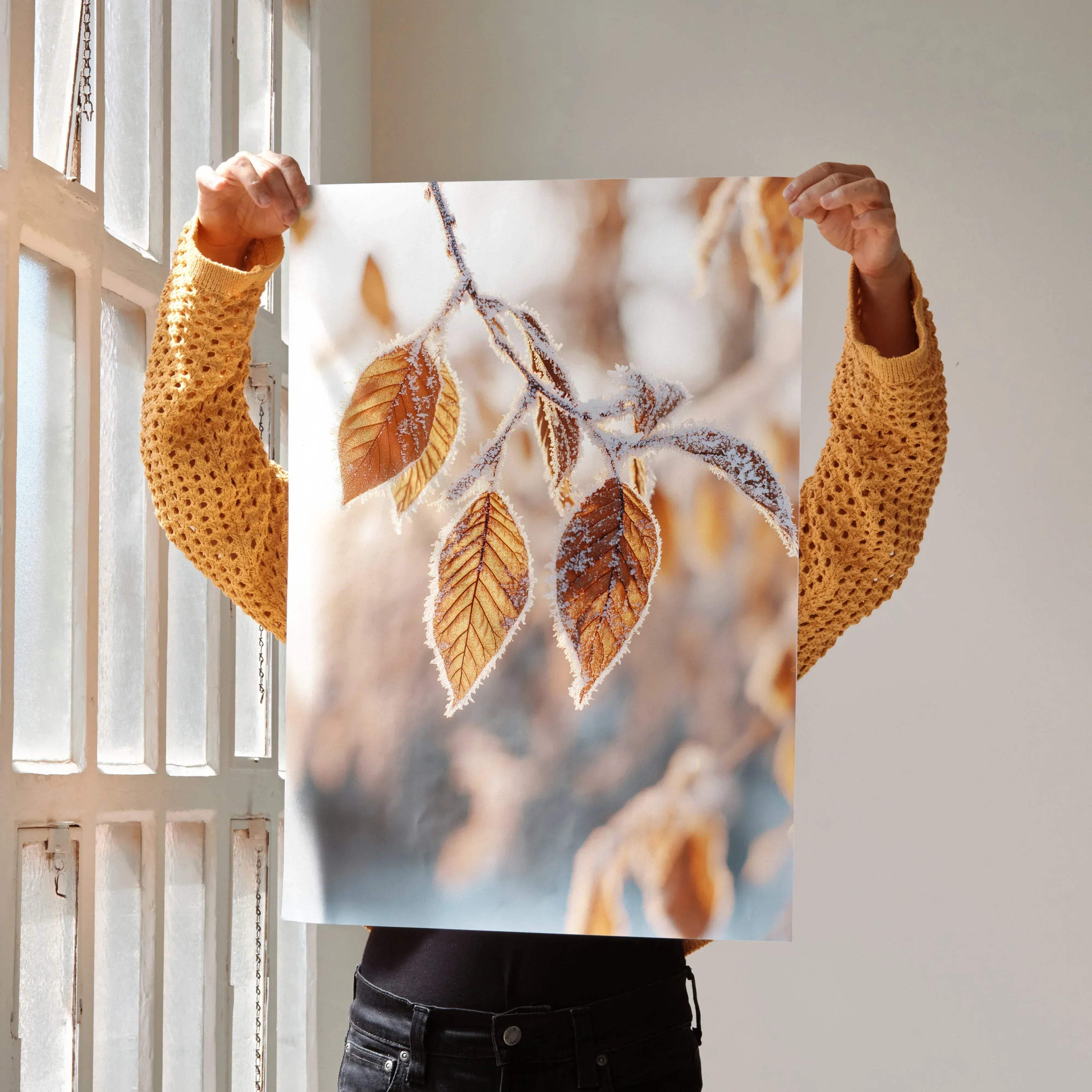 A rectangular vibrant autumn nature digital art poster print featuring frosted golden-brown leaves on a blurred background