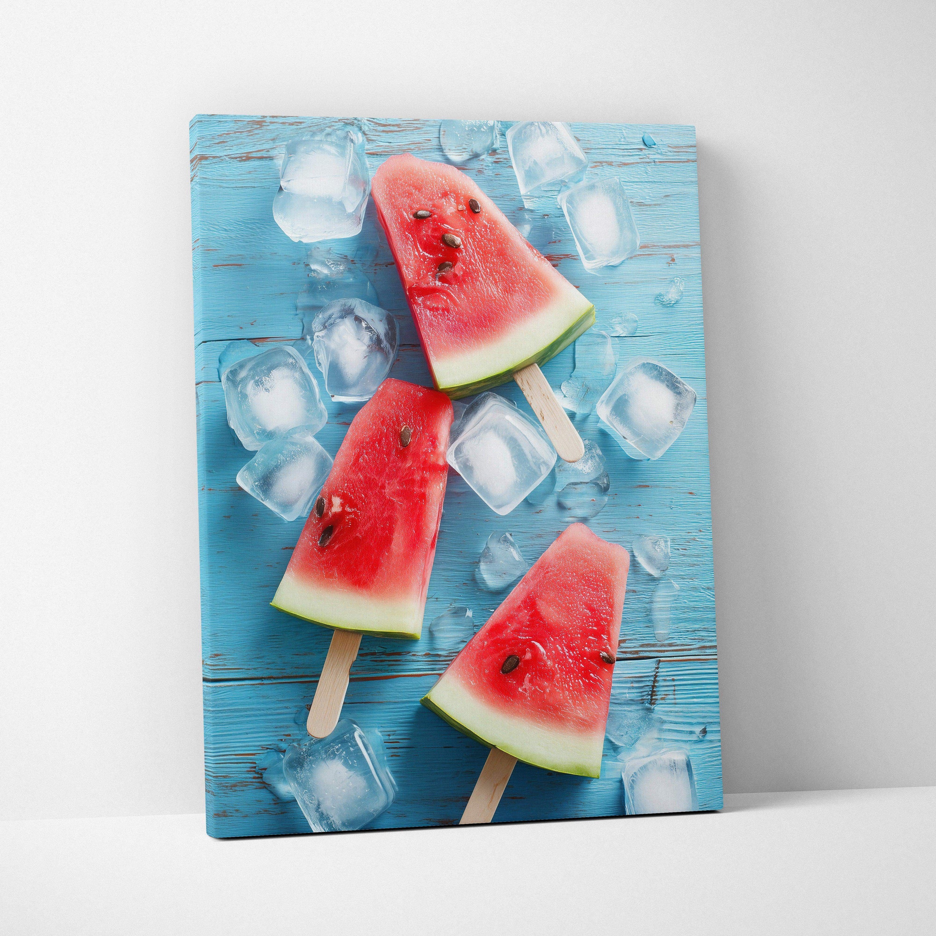 Canvas wall art featuring vibrant digital art of watermelon popsicles and ice cubes on a blue wooden background.
