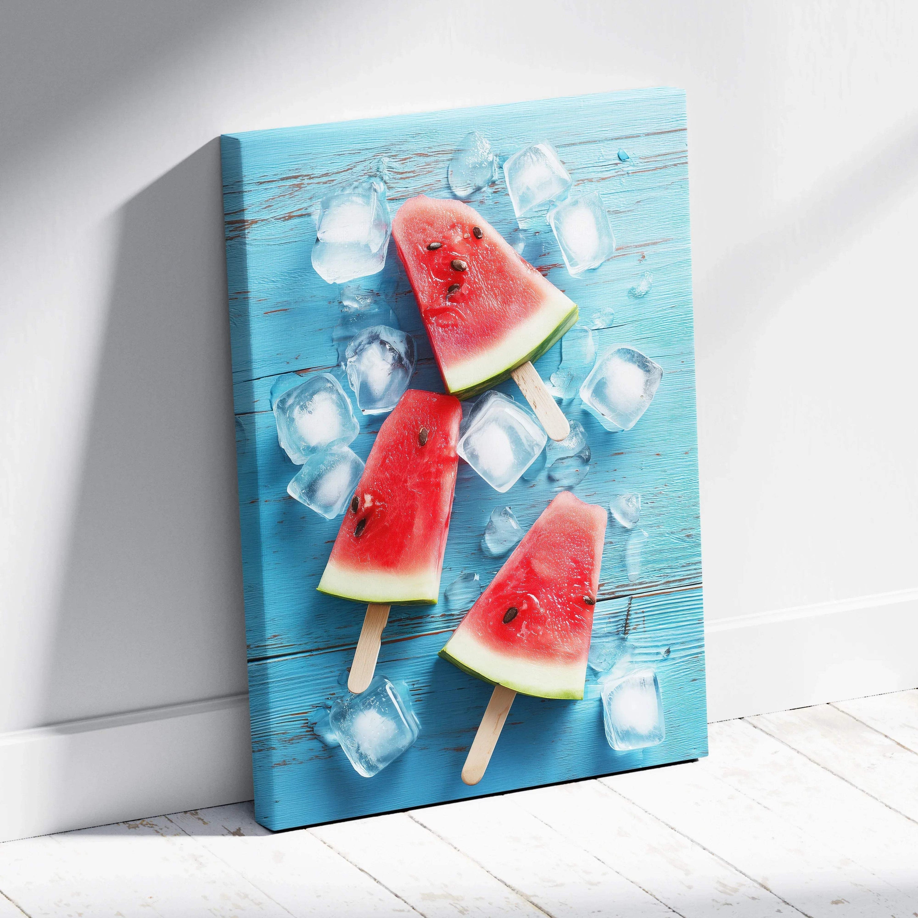 Vibrant digital art canvas wall decor featuring watermelon popsicles and ice cubes on blue wooden background.