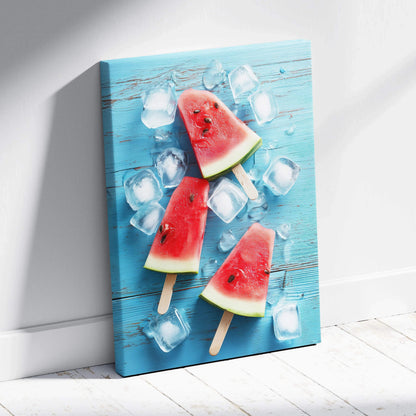 Vibrant digital art canvas wall decor featuring watermelon popsicles and ice cubes on blue wooden background.