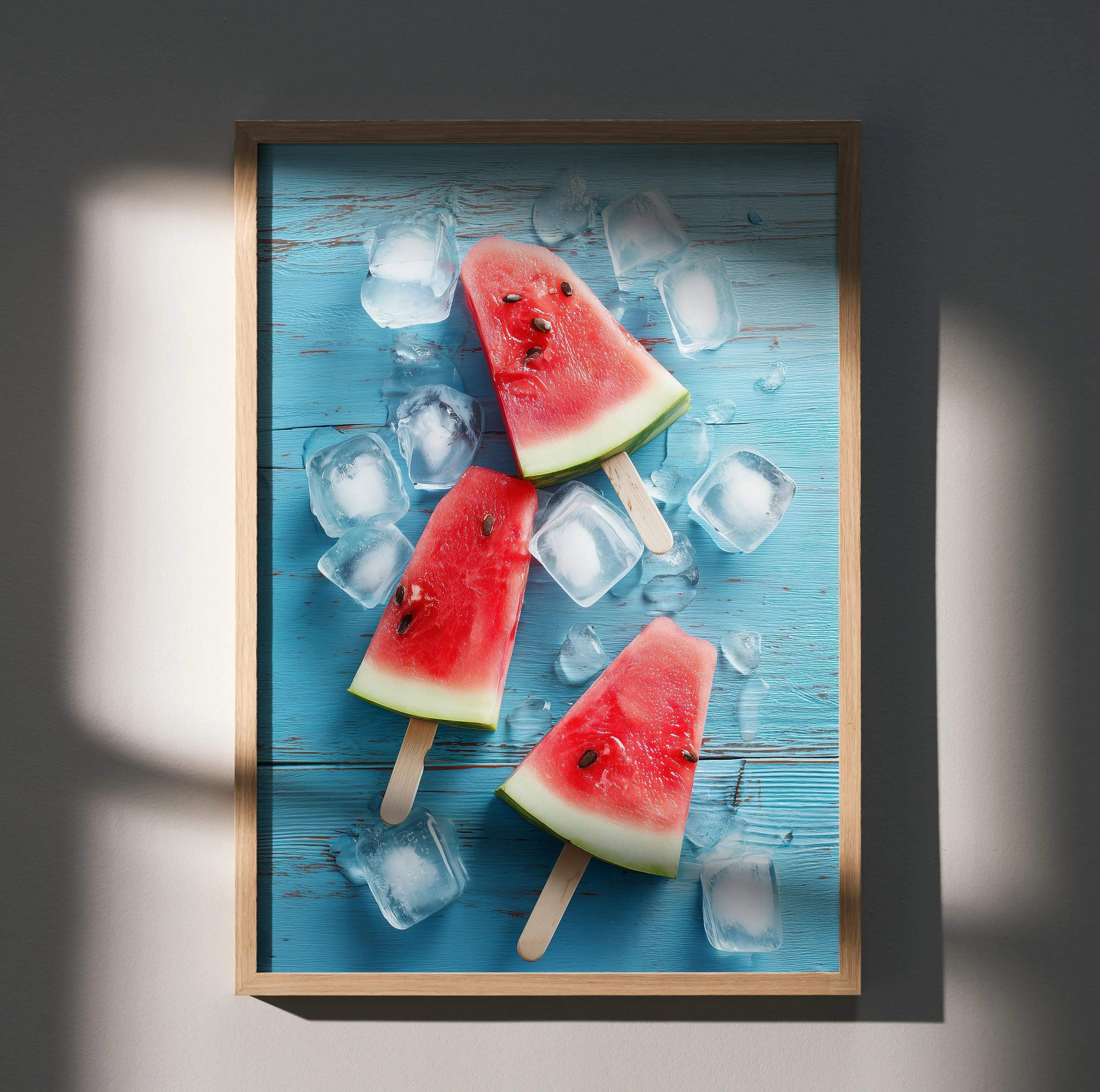 A framed vibrant food digital art poster print featuring three red watermelon popsicles with ice cubes on blue wood