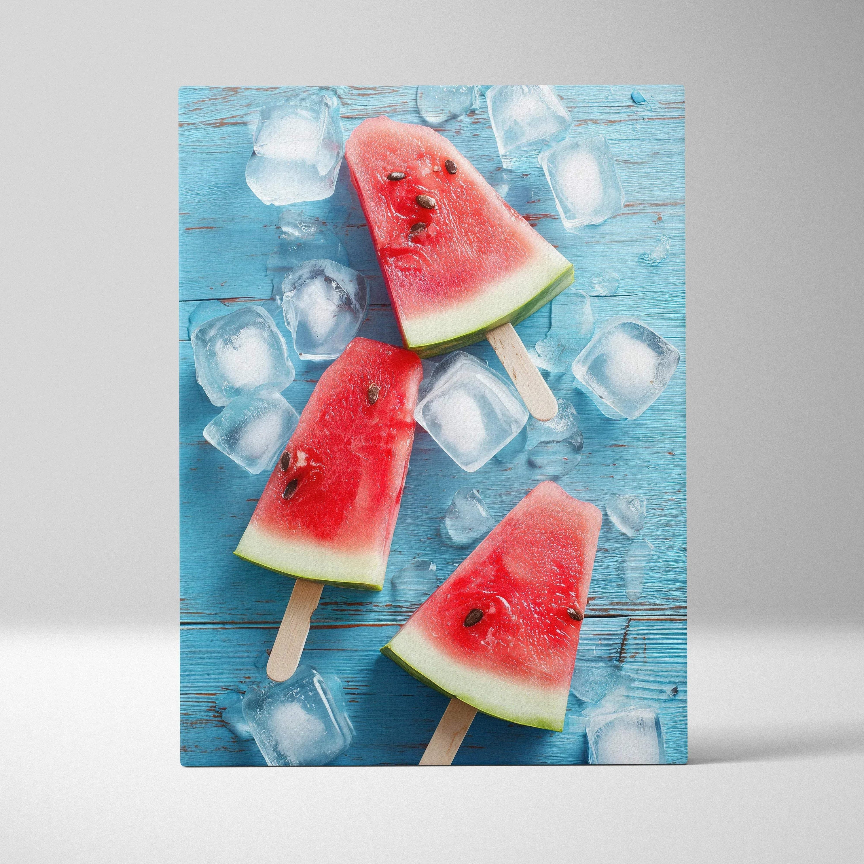 Vibrant canvas wall art featuring digital illustration of watermelon popsicles and ice cubes on blue wooden background.
