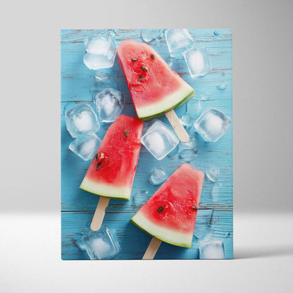 Vibrant canvas wall art featuring digital illustration of watermelon popsicles and ice cubes on blue wooden background.