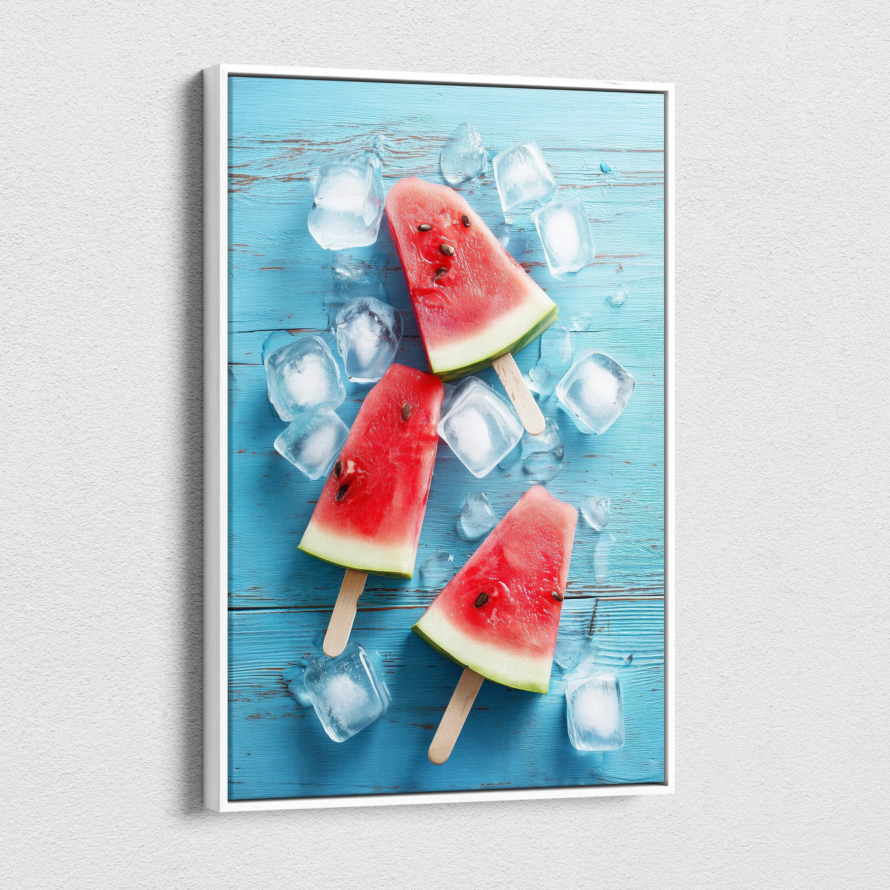 Vibrant digital art canvas featuring watermelon popsicles and ice cubes on blue wooden background wall art.