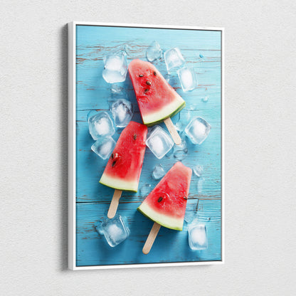 Vibrant digital art canvas featuring watermelon popsicles and ice cubes on blue wooden background wall art.