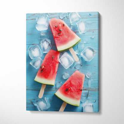 Canvas wall art featuring vibrant digital art of watermelon popsicles with scattered ice cubes on a blue wooden background.